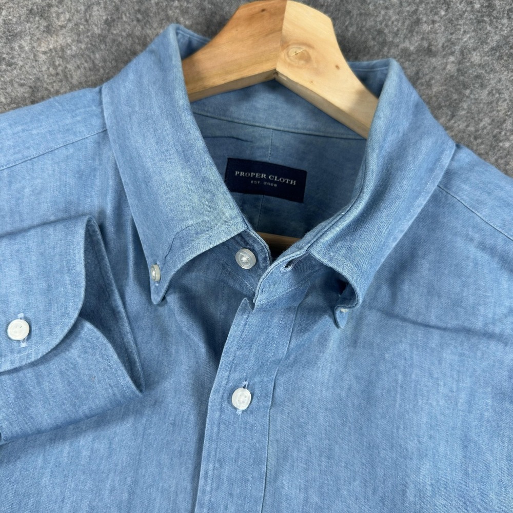 Proper Cloth Shirt Mens 17.5 31.5 Blue Chambray Long Sleeve Button